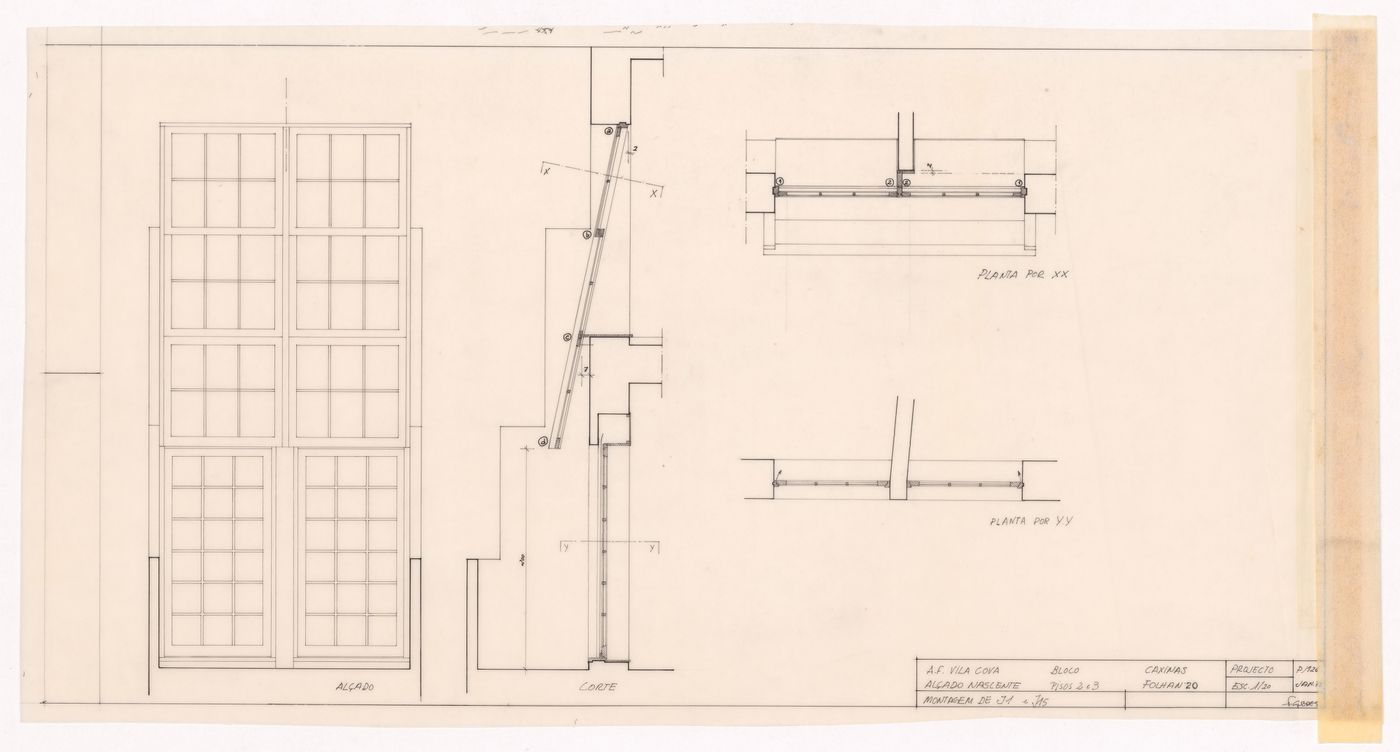 East elevation, plans and section for Conjunto Habitacional em Caxinas, Vila Cova - Vila do Conde, Portugal