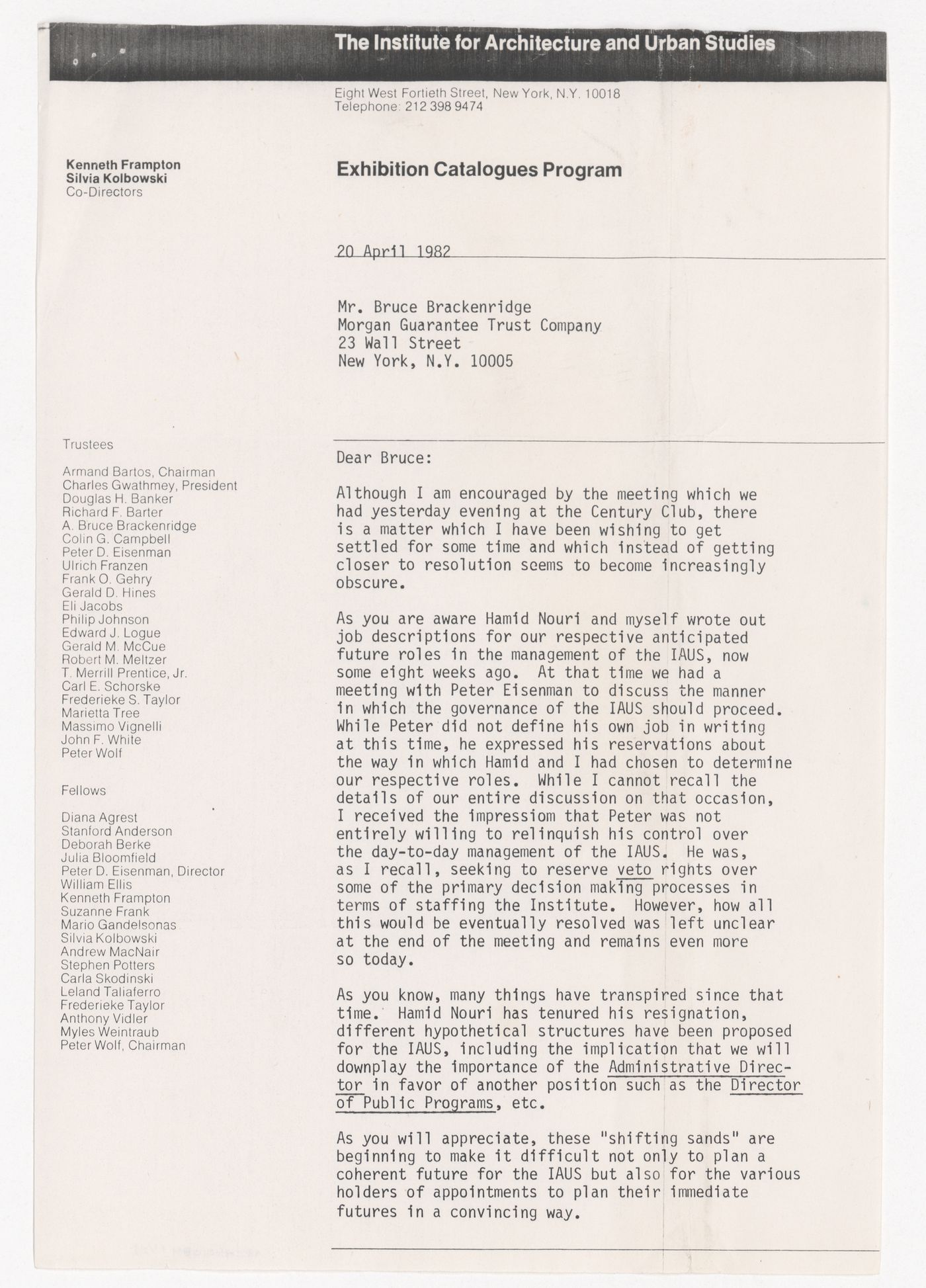 Letter from Kenneth Frampton to Bruce Brackenridge about Frampton's role in IAUS