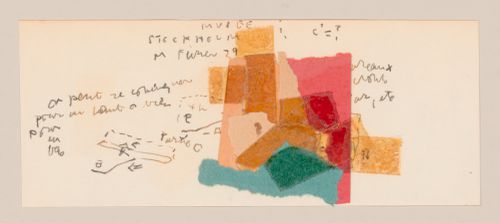 Sketch sections and sketch plans, one collage of torn coloured paper: Ahrenberg pavilion, Stockholm