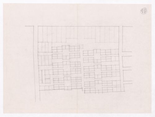 Sketch showing plots layout development for Minimum Cost Housing Group's plot in Aranya township, India, for Aranya Housing Project