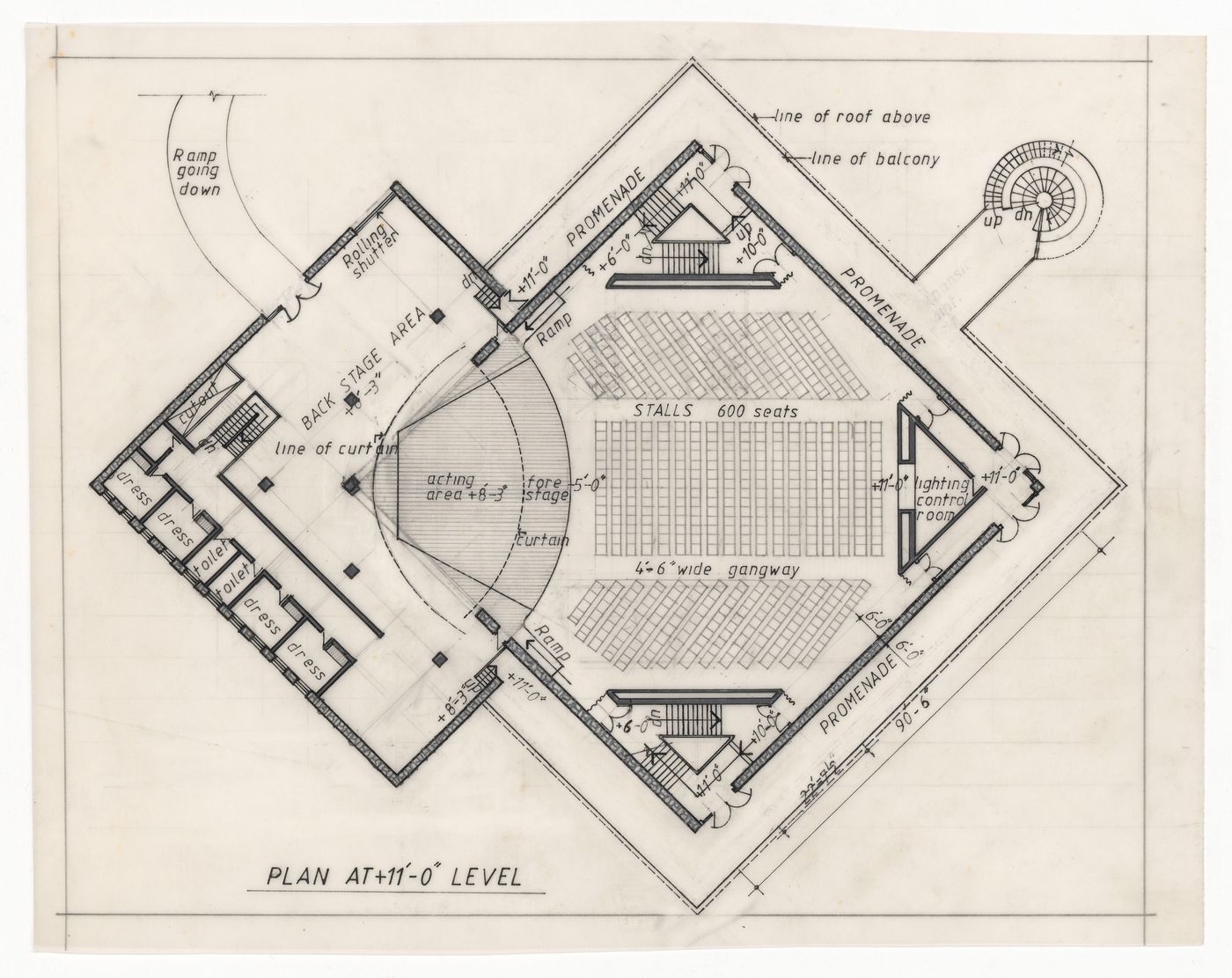 Floor plan at 11 ft. for Theatre for J&K Academy of Art, Culture and Languages, Jammu, India