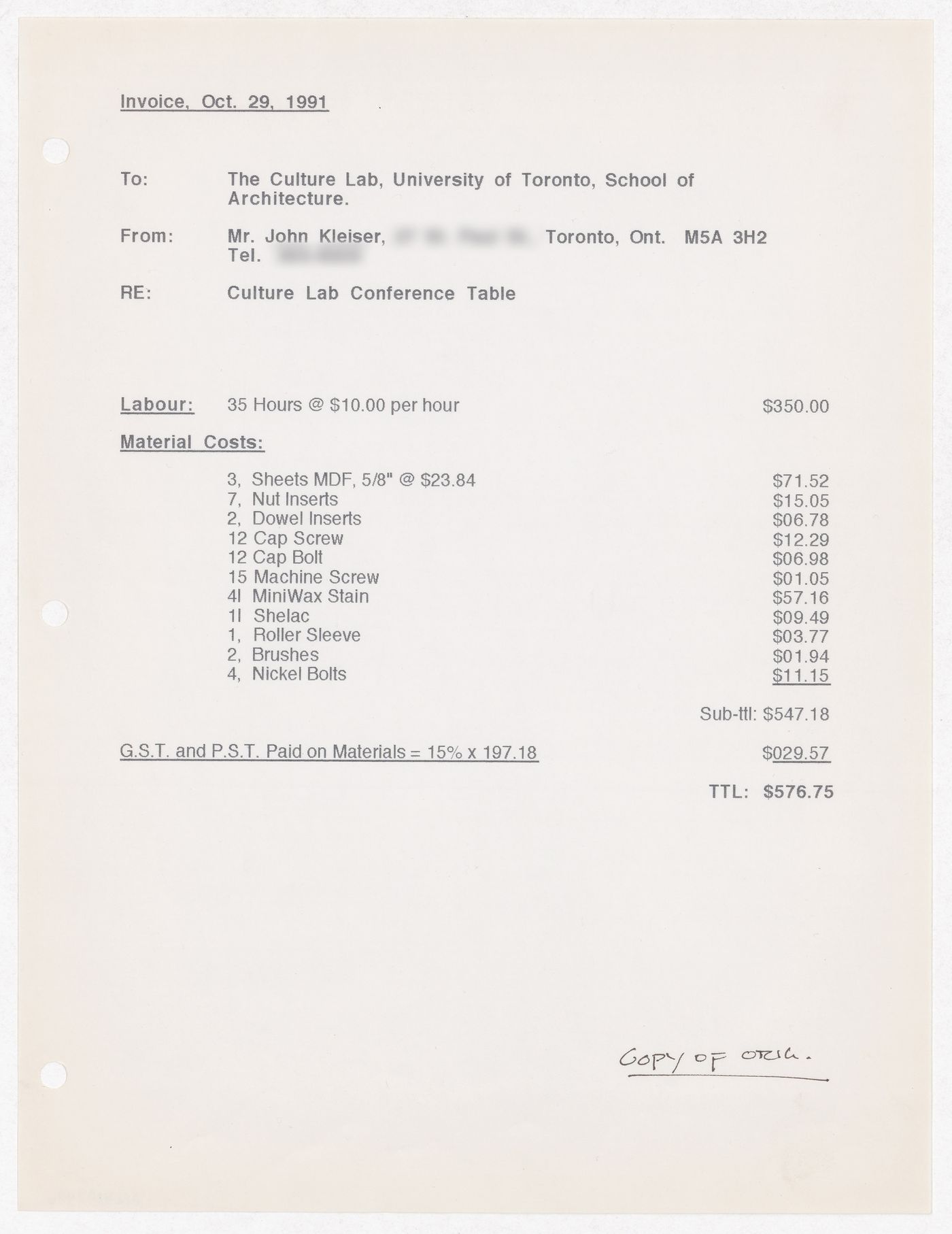 Invoice for Culture Lab