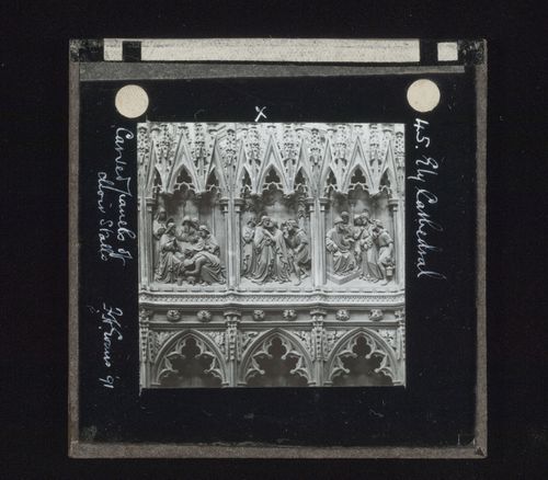 View of carved panels of a choir stall in Ely Cathedral, Ely, Cambridgeshire, England