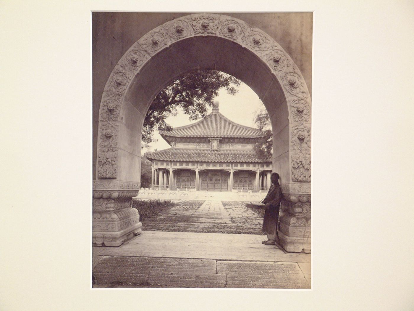 View of the Hall of Classics [Biyong Gong] through a gateway, Imperial College [Guozi Jian], Peking (now Beijing), China