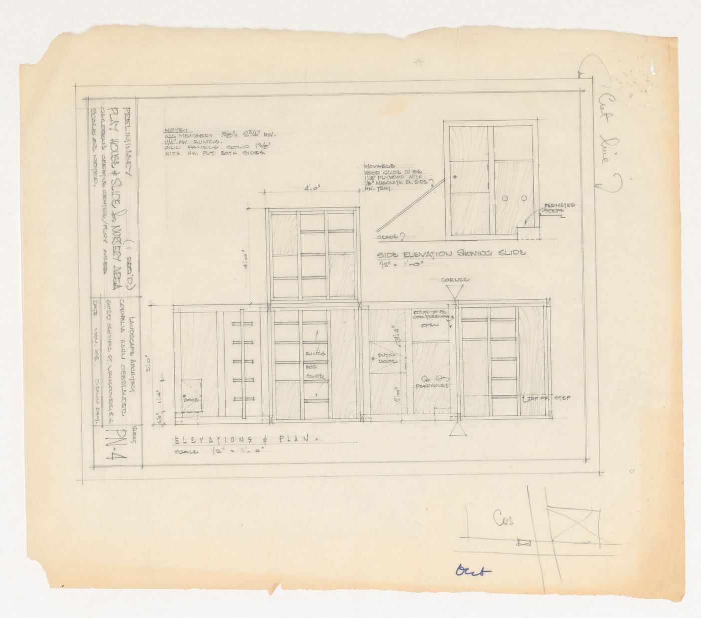 Preliminary elevations for play house and slide for nursery area for Children's Creative Centre Playground, Canadian Federal Pavilion, Expo '67, Montréal, Québec