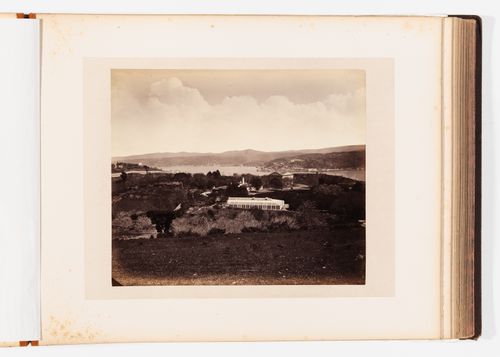 View across the Bosporus with houses and a greenhouse in the foreground and possibly showing the Küçüksu Palace (also known as the Göksu Palace) in the central background, Constantinople (now Istanbul), Ottoman Empire (now in Turkey)
