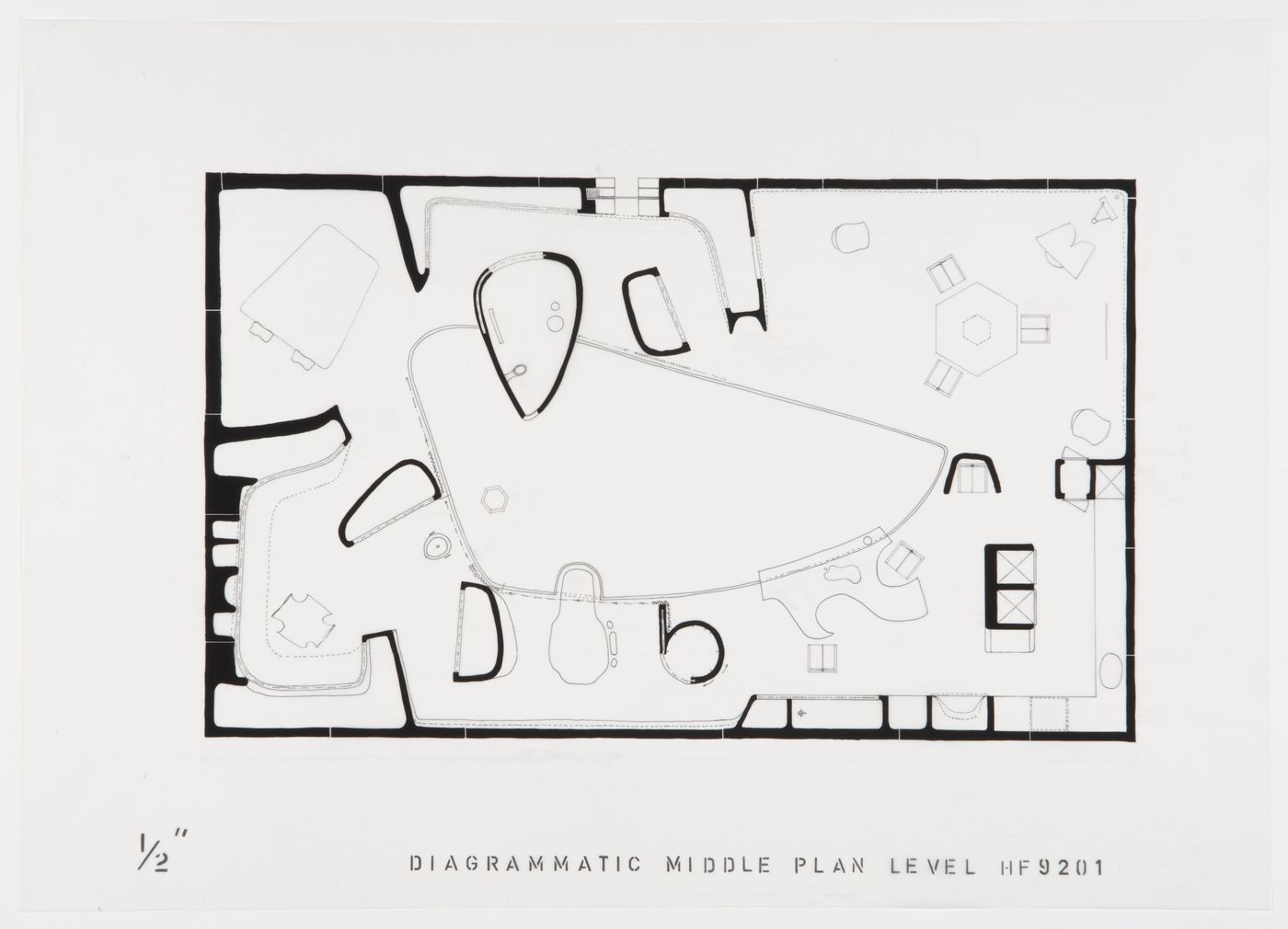 Plan for the middle level showing the furniture arrangement, House of the Future, Daily Mail Ideal Homes Exhibition, London, England