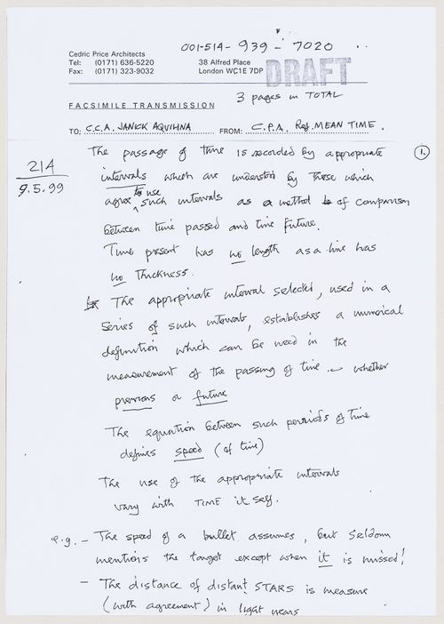 Draft text related to the curatorial statement for the exhibition "Cedric Price: Mean Time" at the Canadian Centre for Architecture (document from Mean project records)