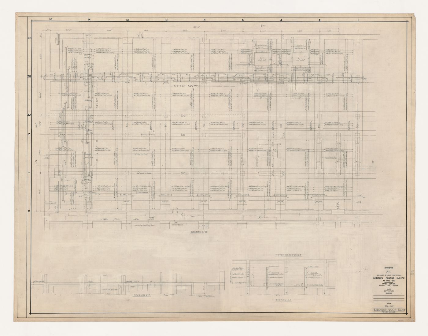 Coupes du plancher du sous-sol et de la salle des machines, Imprimerie Nationale du Canada, Hull, Québec, Canada