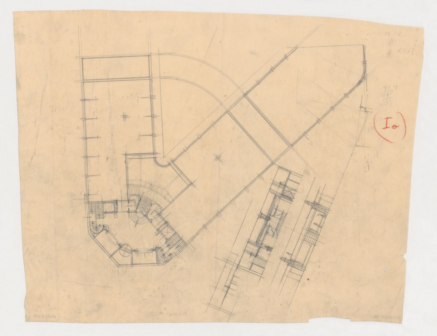 Partial elevations and plan for Hotel Stiassni, Brno, Czechoslovakia (now Czech Republic)