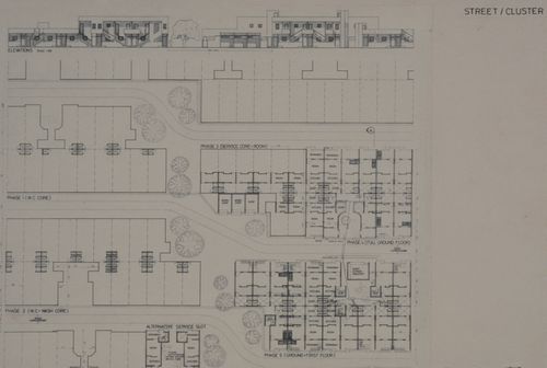 Elevation and floor plans showing phases of construction of a street hosing cluster for the Aranya Housing Project, Indore, India