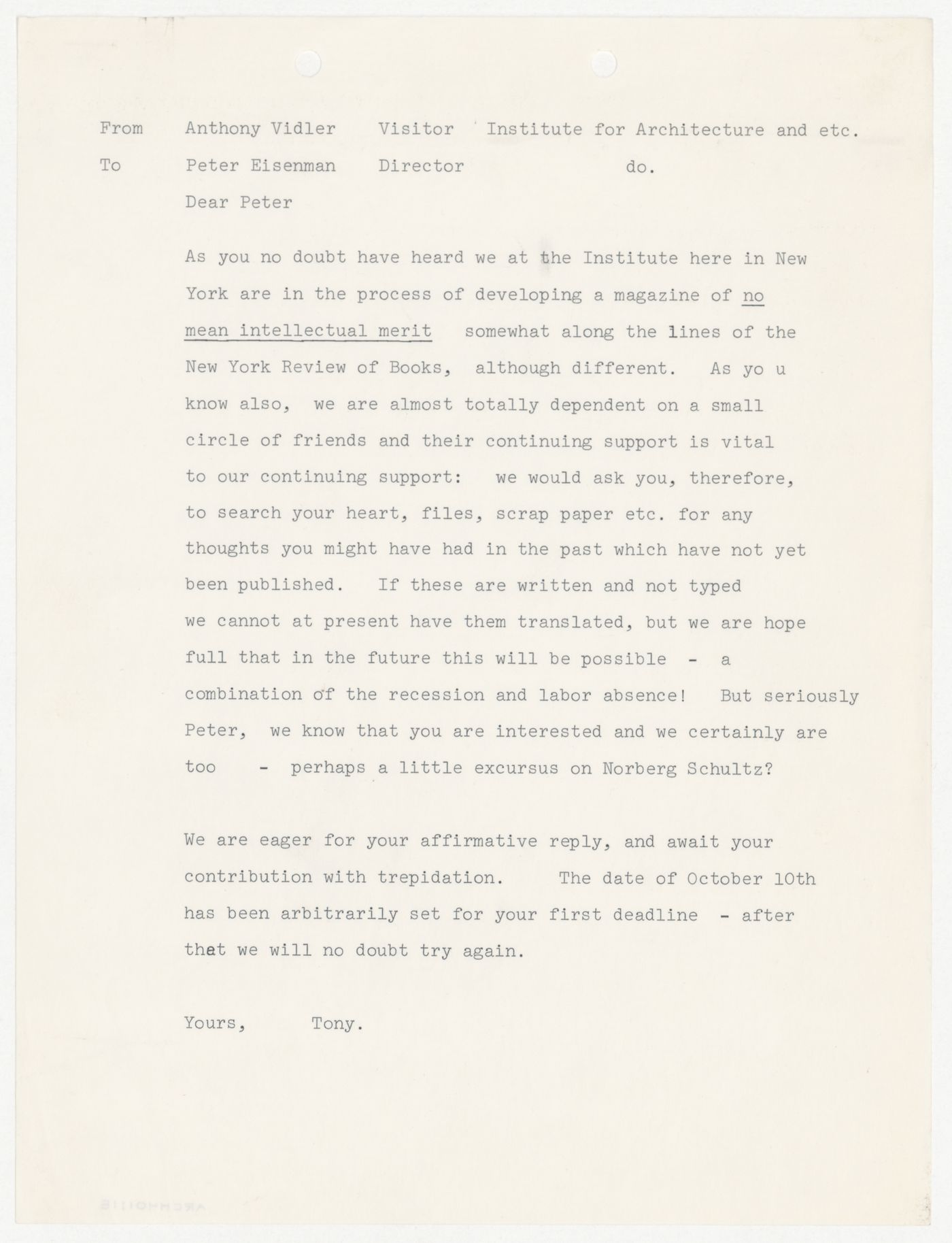 Memorandum from Anthony Vidler to Peter D. Eisenman soliciting contribution to a magazine