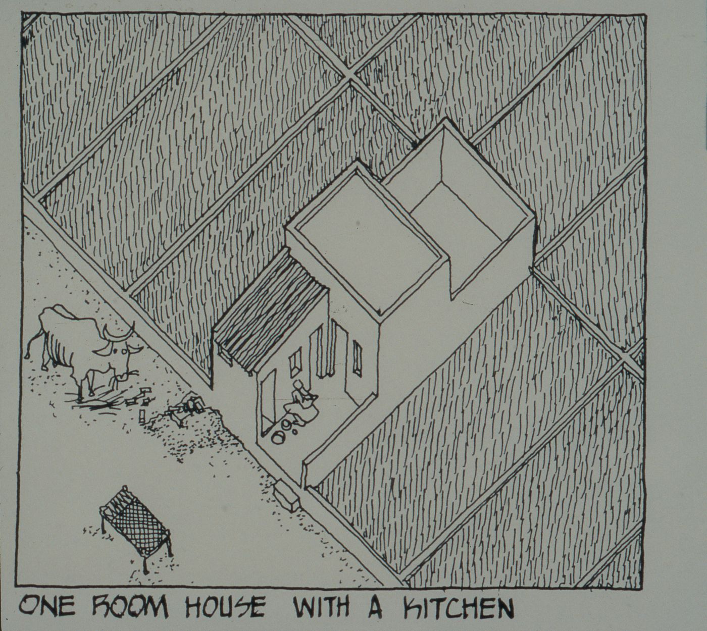 Axonometric view of one room house with kitchen for the Aranya Housing Project, Indore, India