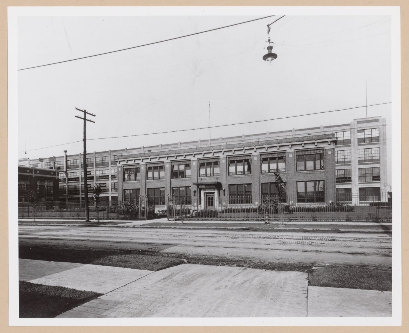 View of the principal façade of the Administration Building (now demolished [?]), Chrysler Corporation Dodge division Automobile Assembly Plant, Detroit, Michigan