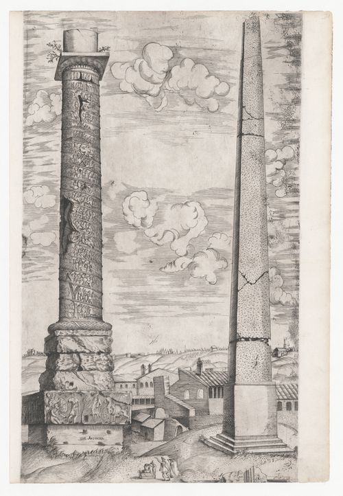 Perspective of the Column of Marcus Aurelius, Rome, placed beside an obelisk