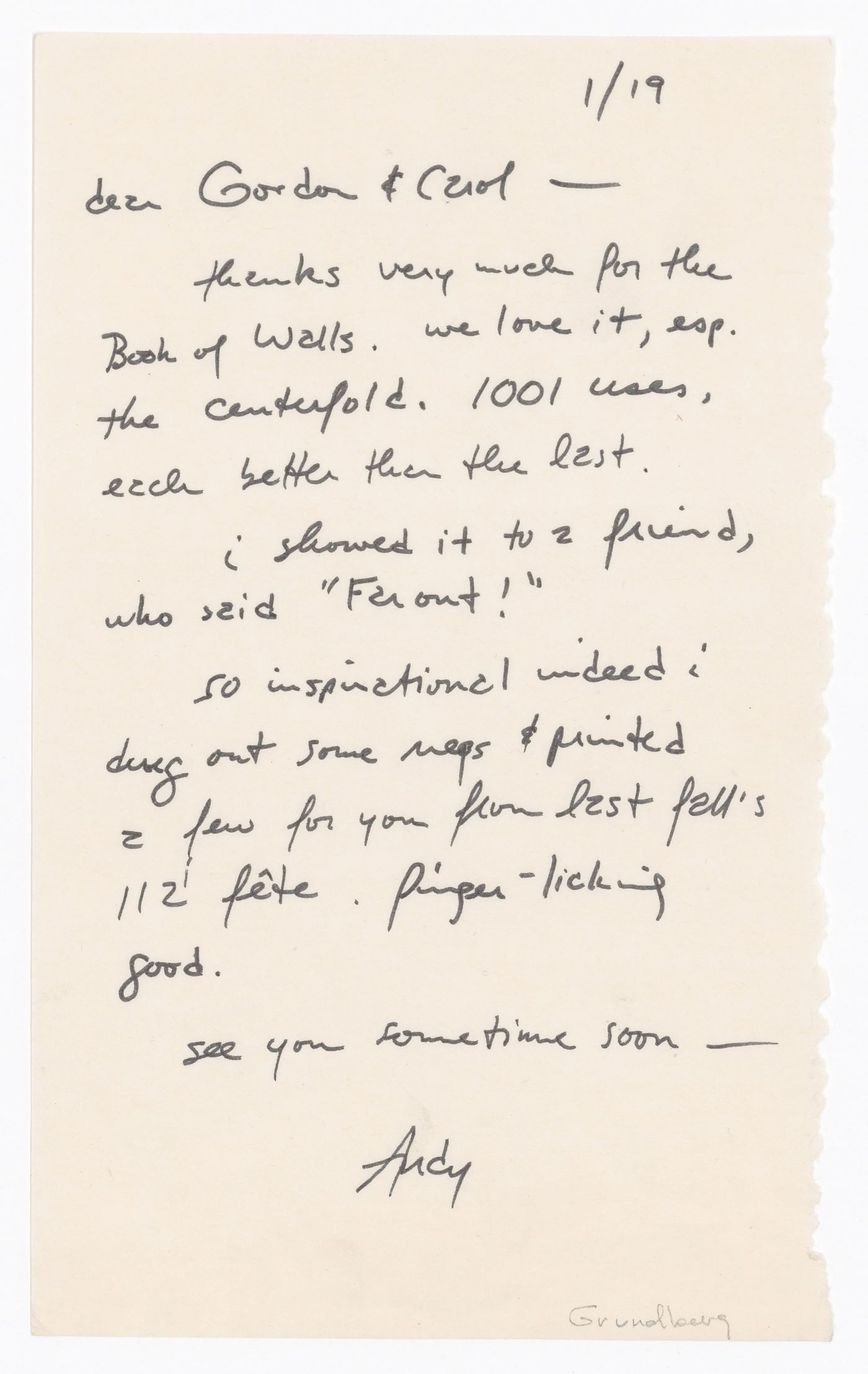 Letter from Andy [Grundberg] to Gordon Matta-Clark and Carol Goodden