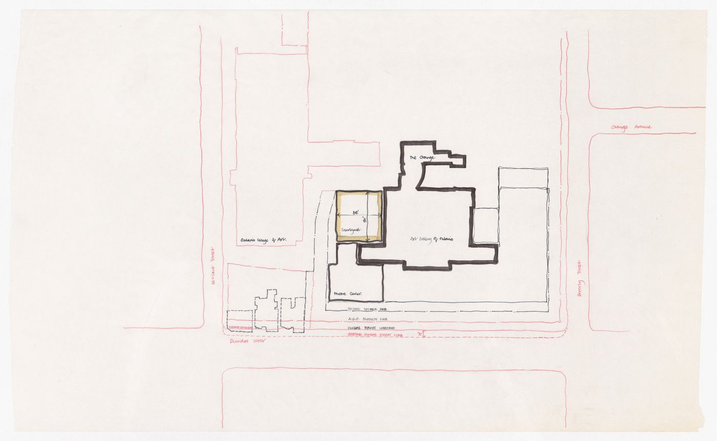 Sketch site plan for Henry Moore Sculpture Centre, Art Gallery of Ontario, Stage I Expansion, Toronto