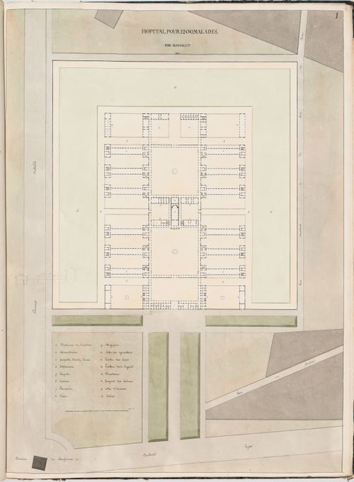 Ideal hospital for 1200 patients near the barrière de Monceau, Paris: Site plan number one