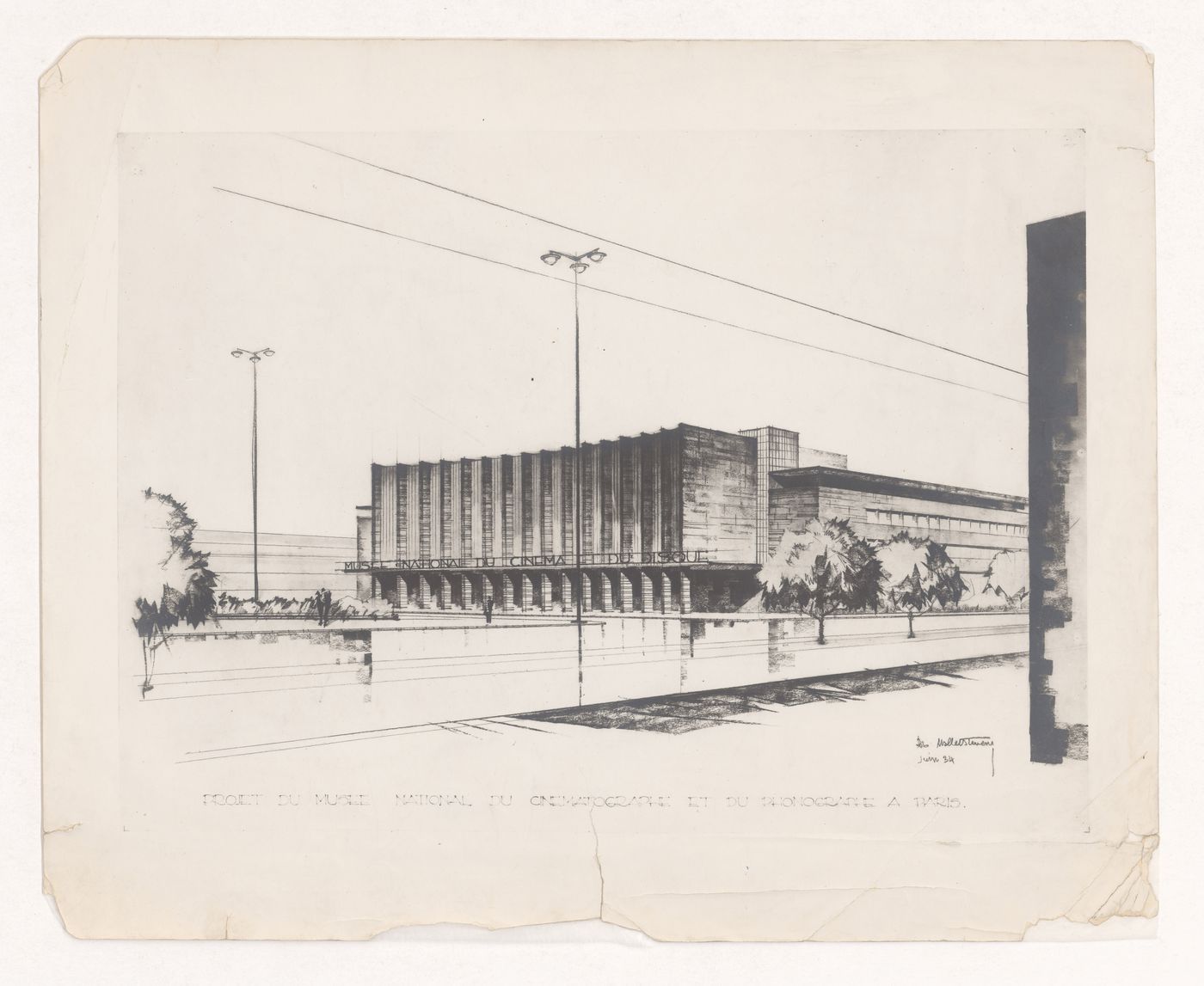 View of a drawing for a projet for le musée national du Cinématographe et du Phonographe, place d'Iéna, 16th arrondissment, Paris, France