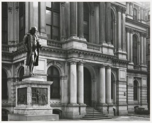 View of Franklin statue against facade, Old City Hall, Boston, Massachusetts, United States