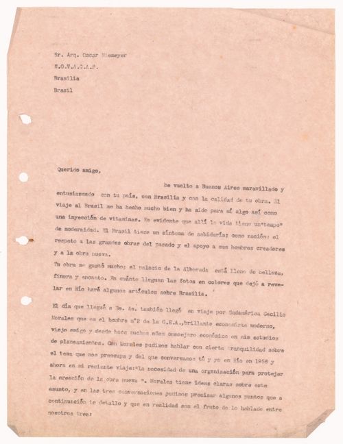Correspondence, letter to Oscar Niemeyer from Amancio Williams