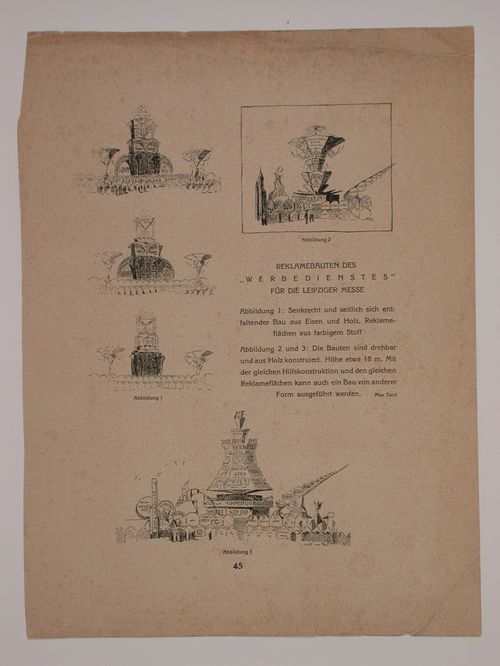 Page from a unidentified publication with text and elevations drawings by Max Taut