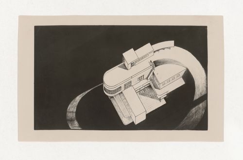 Photograph of a perspective drawing by Kibirev for the project "Tourist Mountain Base" for an unidentified course at the Vkhutein (Moscow Higher Technical Institute), Moscow