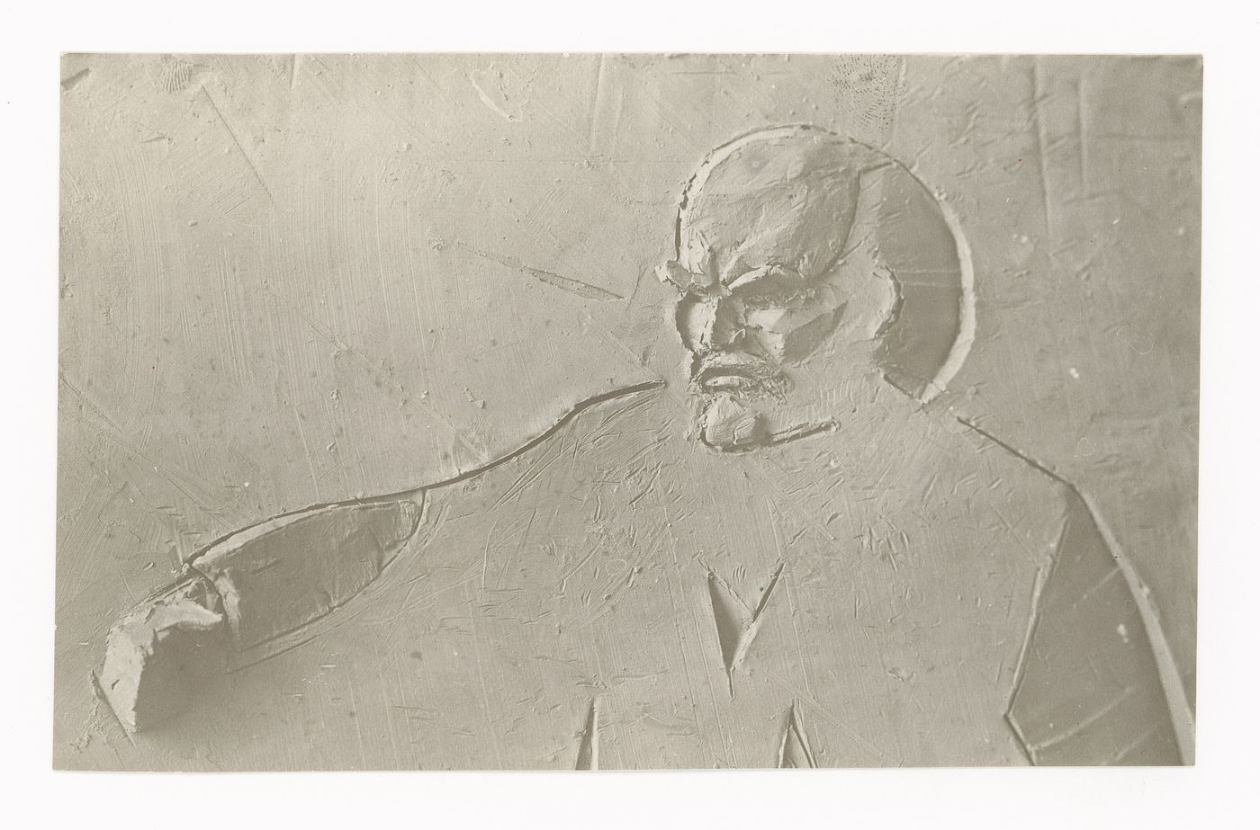 Close-up view of a bas-relief of Lenin on a model for a Palace of Soviets, Moscow
