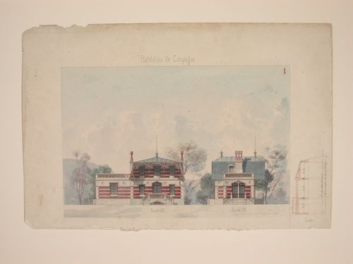 Renderings for the front and side elevations of a country house