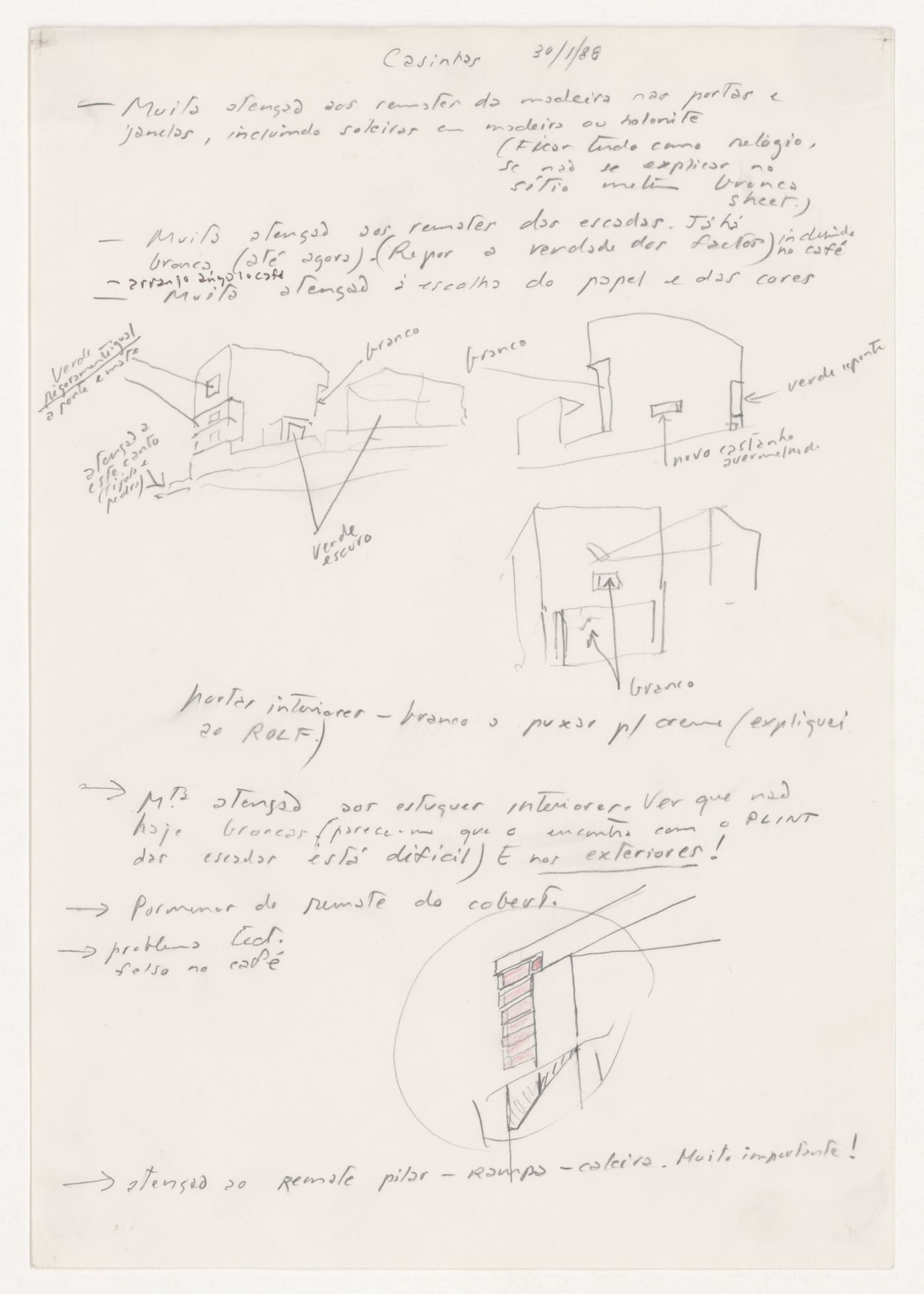 Sketches with annotations for Duas habitações e duas lojas [Housing and shopping complex, Schilderswijk], The Hague