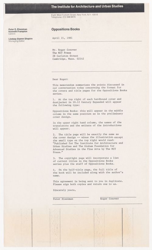 Agreement between Roger Conover and Peter D. Eisenman for format of Oppositions Books covers and title pages