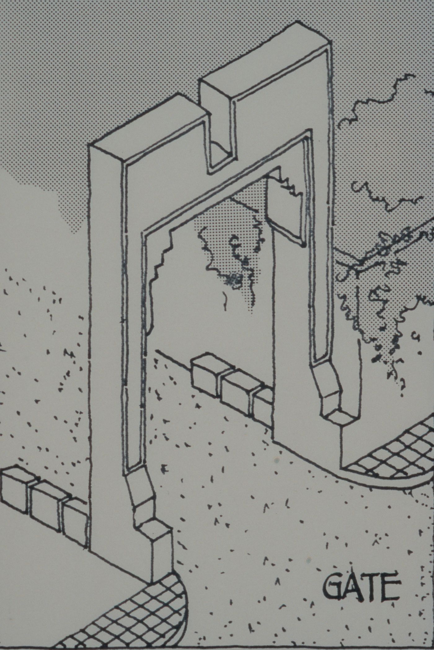 Axonometric view of gate for the Aranya Housing Project, Indore, India