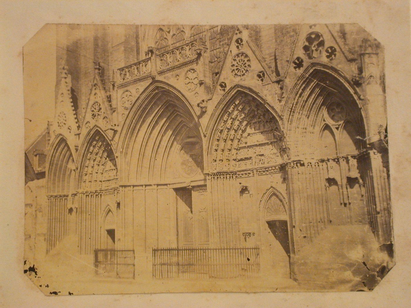 Partial view of the Cathédrale de Bayeux showing the five portals of the west façade, Bayeux, France