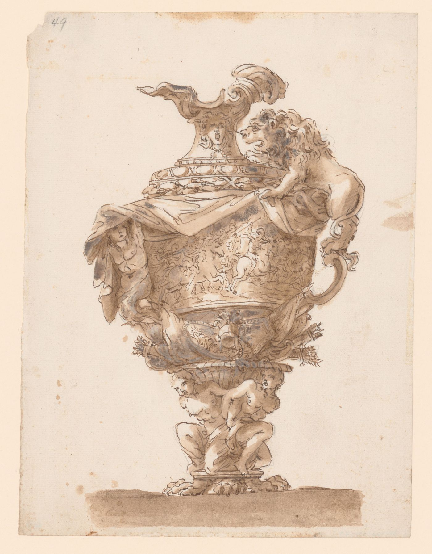 Design for an ornamental vase with battle scene, martial trophy, captives, and a handle in the form of a lion