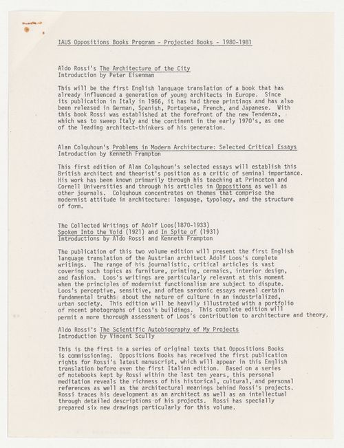 Projected books for Oppositions Books Program for financial year 1980-1981