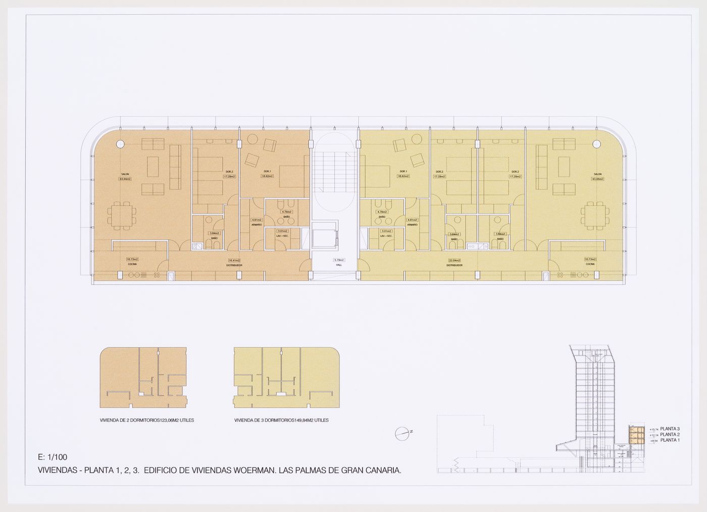 Plans and section, Plaza y torre Woermann, Las Palmas, Canary Islands