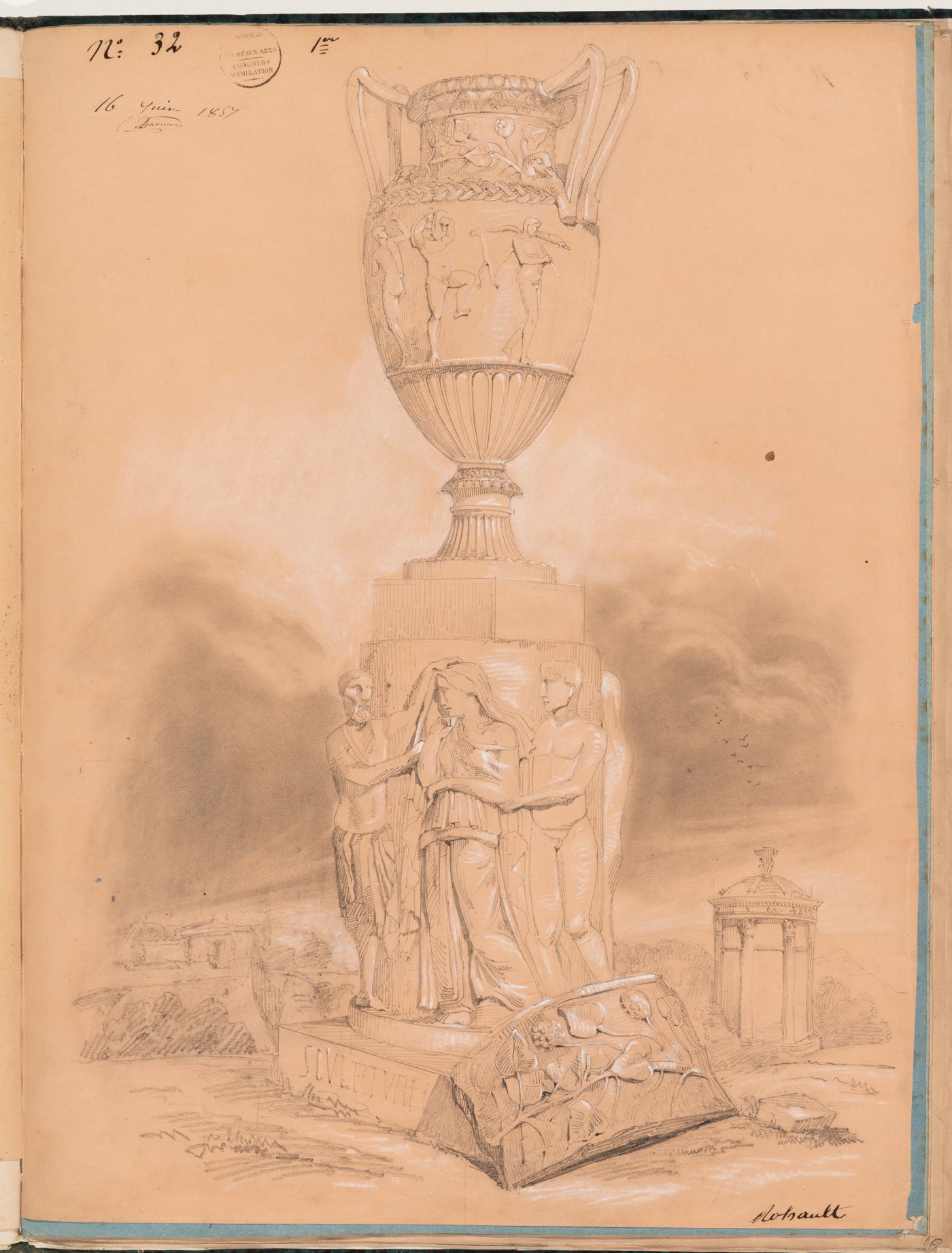 Concours d'émulation entry, 16 June 1857: Study of a funerary urn with other funerary structures