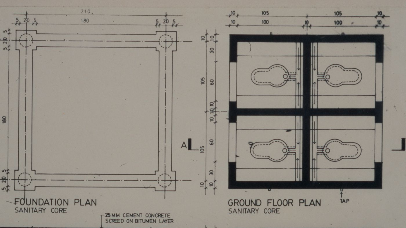 Foundation and ground floor plan of sanitary core for the Aranya Housing Project, Indore, India
