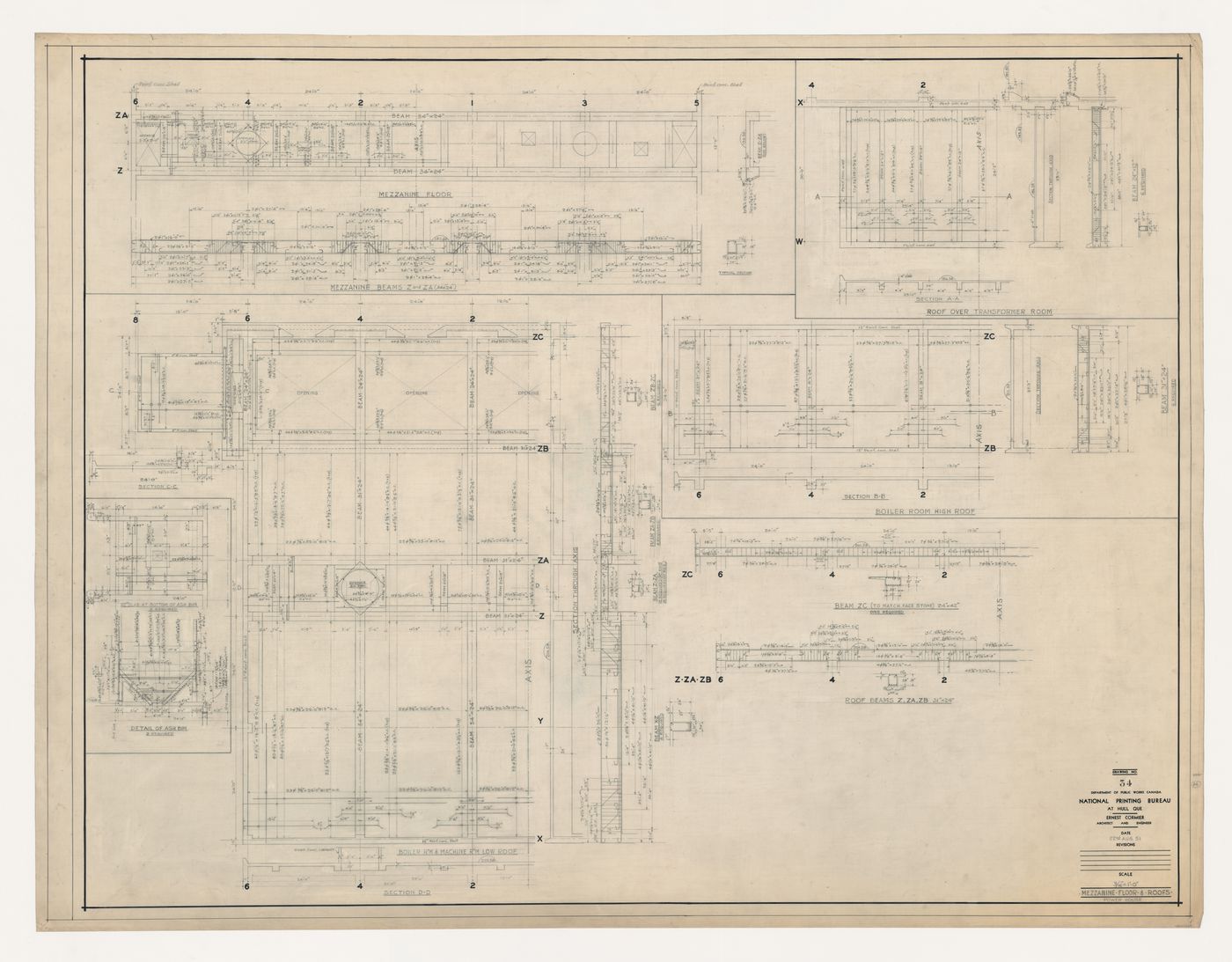 Coupes et détails du plancher et du plafond de la mezzanine, Imprimerie Nationale du Canada, Hull, Québec, Canada