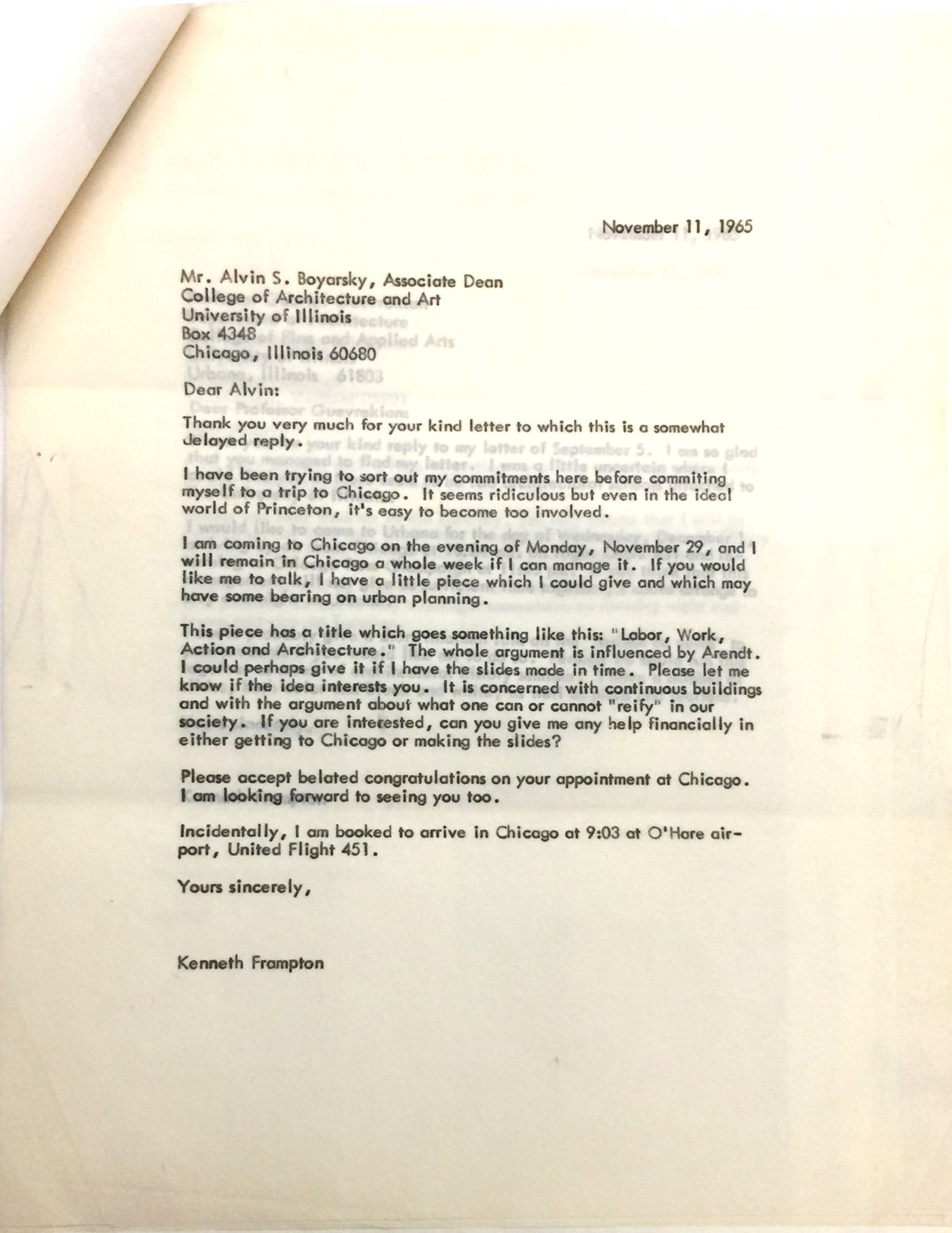 Letter from Kenneth Frampton to Alvin Boyarski about "Labor, Work and Architecture" as a lecture