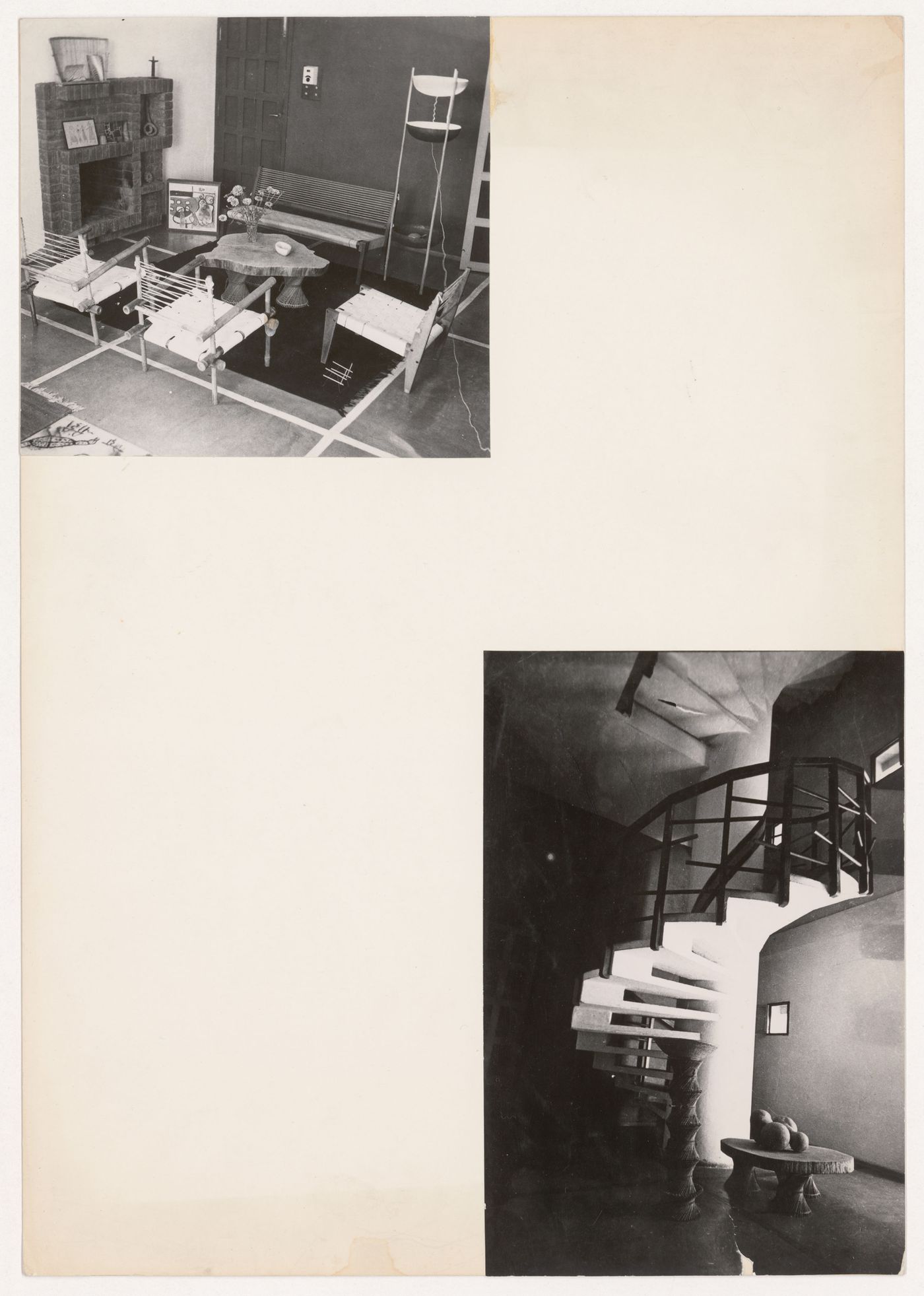 Views of furniture designed by Pierre Jeanneret and Eulie Chowdhury and of a prefabricated staircase designed by Pierre Jeanneret, Chandigarh, India