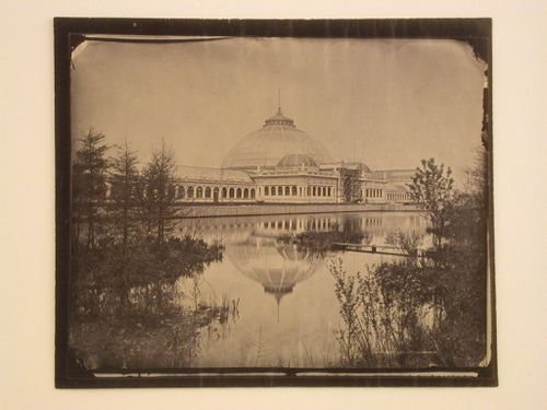 View of the east façade of the Horticultural Building under construction from the Wooded Island with the Lagoon in the foreground, 1893 Chicago World's Columbian Exhibition, Chicago, Illinois