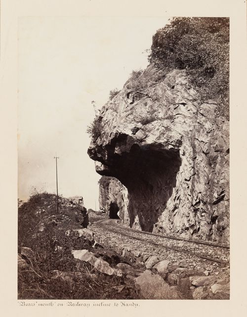 View of the "Bears' Mouth" on the Colombo-Kandy Railway with a tunnel in the background, possibly Tunnel No. 9, Ceylon (now Sri Lanka)