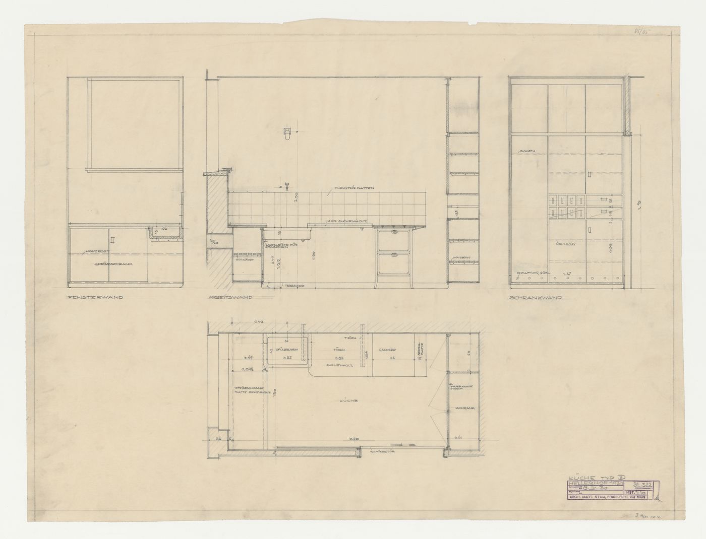 Plan and elevations for a type D kitchen, Hellerhof Housing Estate, Frankfurt am Main, Germany