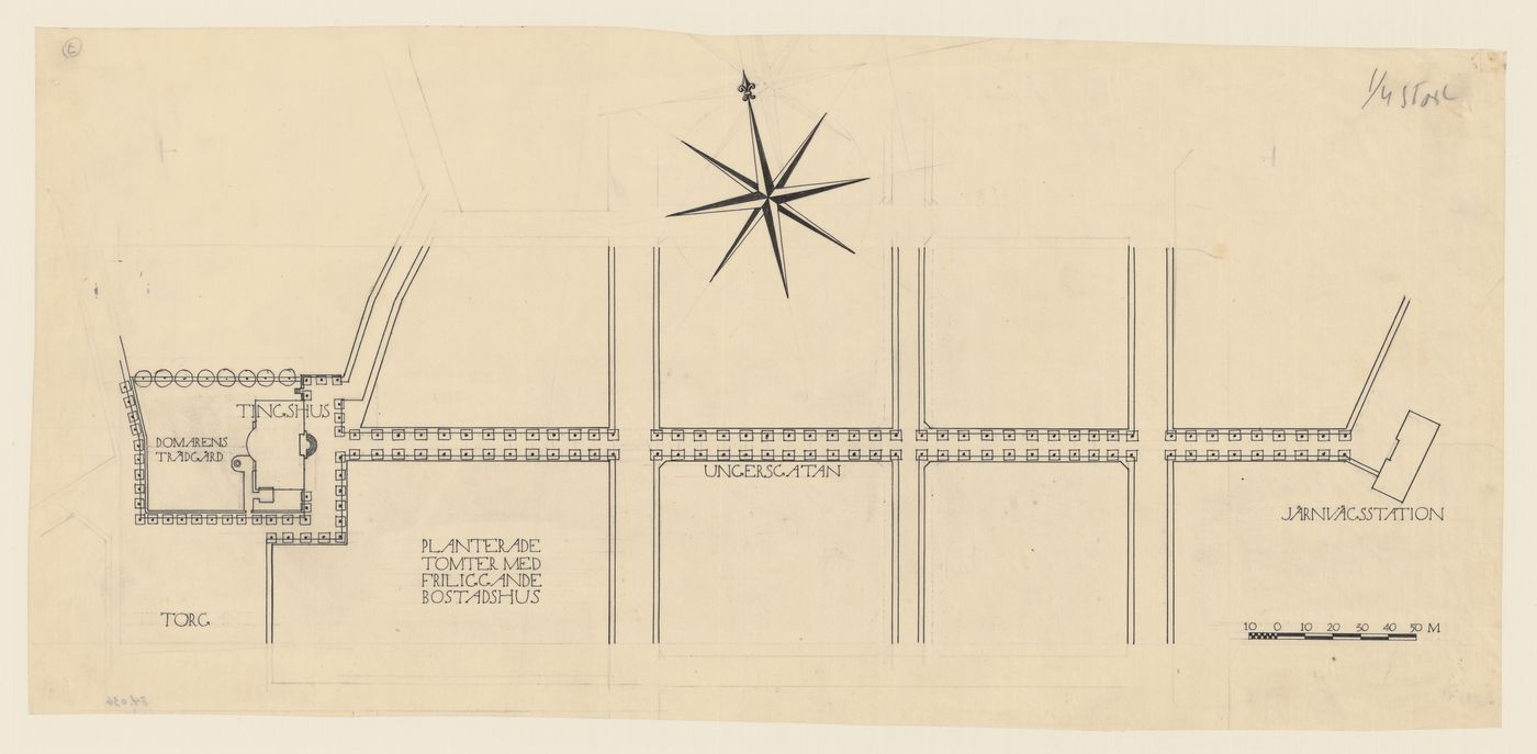 Landscape [?] plan for Lister County Courthouse showing a circular courtroom, Sölvesborg, Sweden