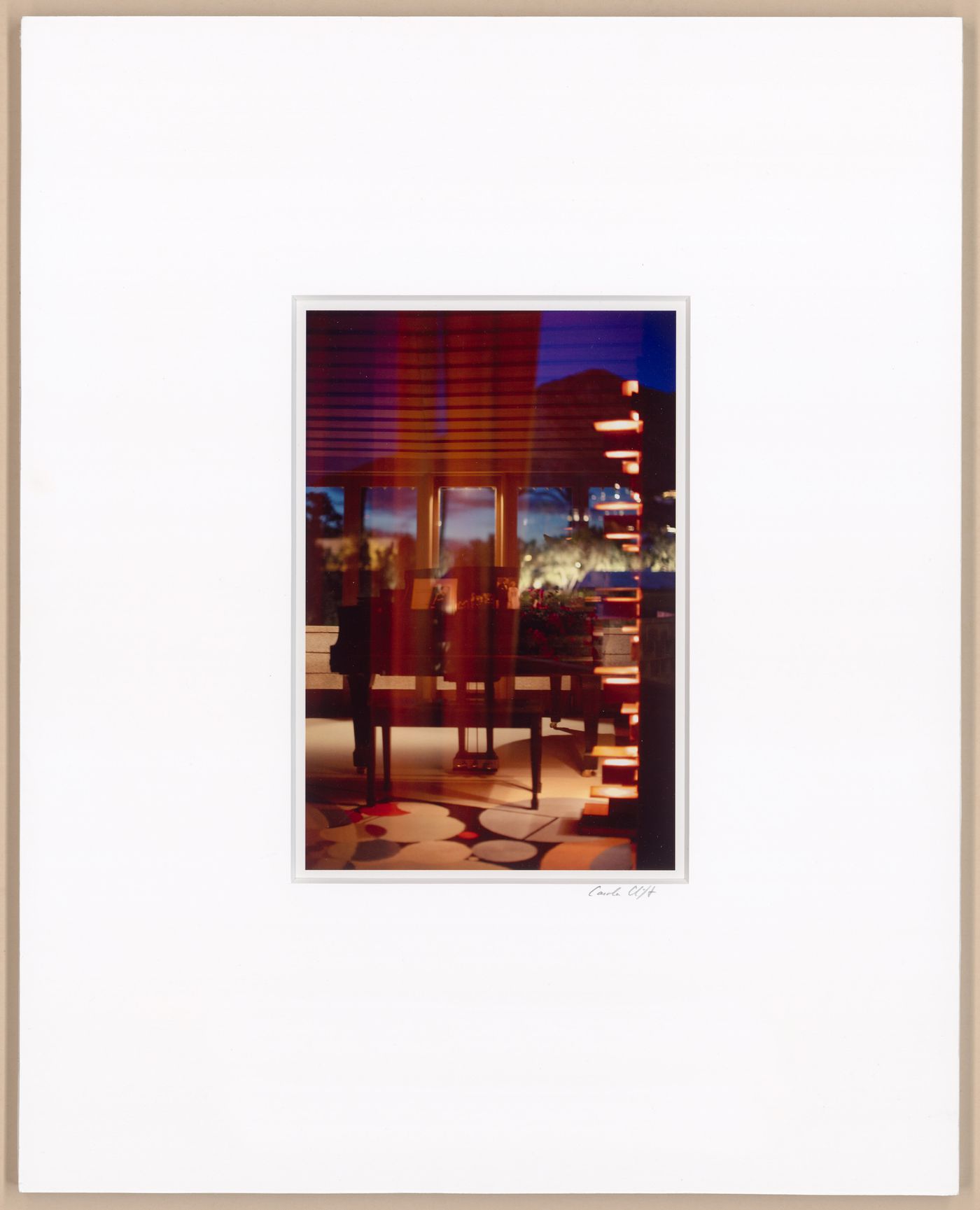 Main room, piano, nighttime reflections, from the series The David and Gladys Wright House