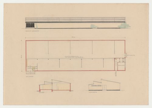 North and west elevations, ground floor plan, and section for an exhibition hall, Frankfurt am Main, Germany