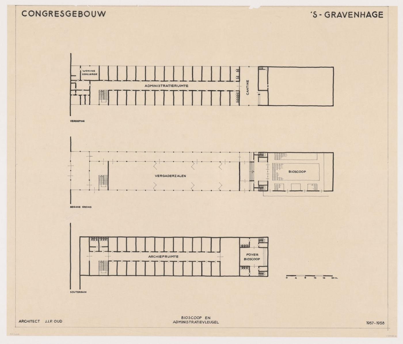 Basement, ground and first floor plans for the cinema and administrative wing for the Congress Hall Complex, The Hague, Netherlands