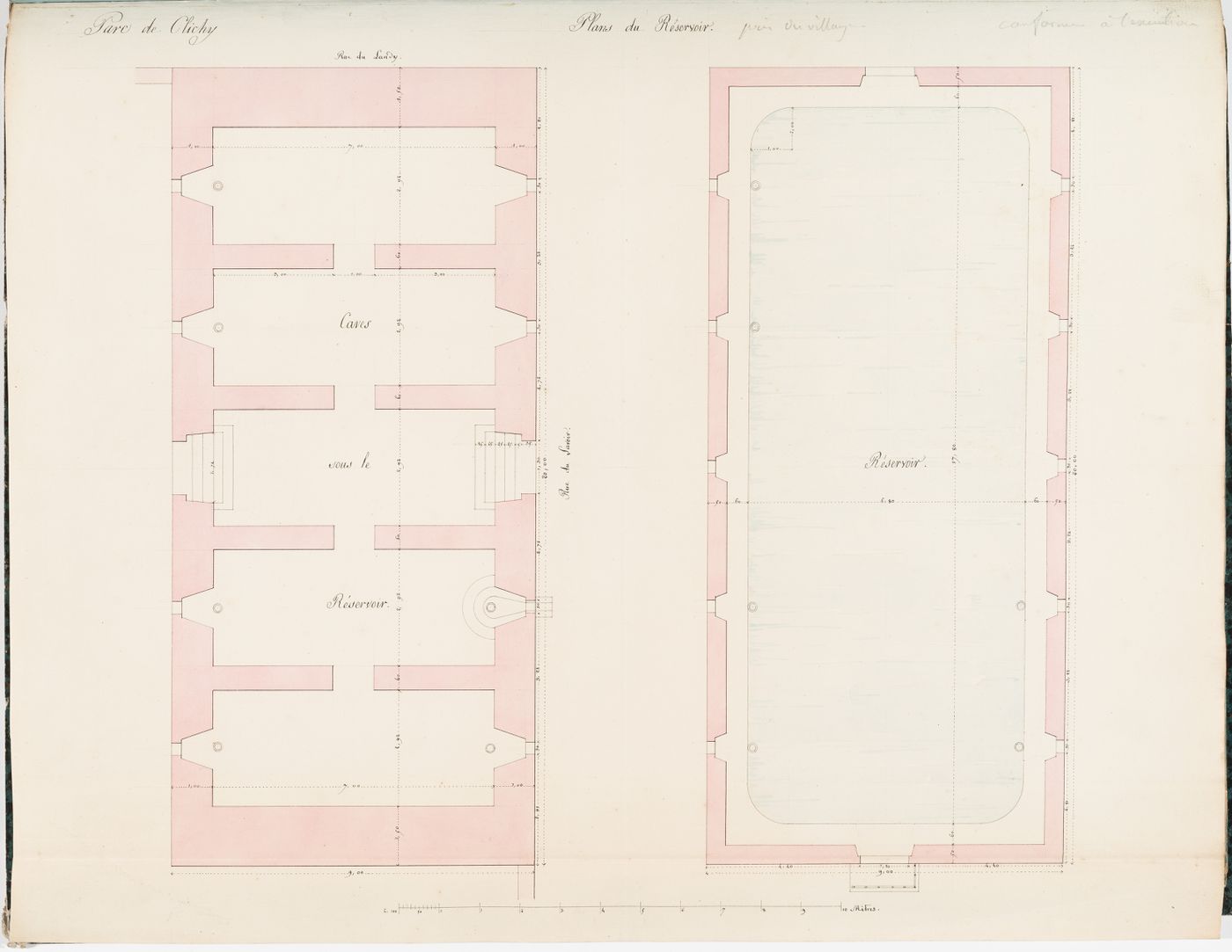 Plans for the "caves" and the basin of a reservoir, Parc de Clichy