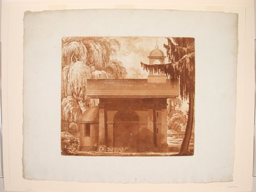 Side elevation of a mausoleum in a wooded setting